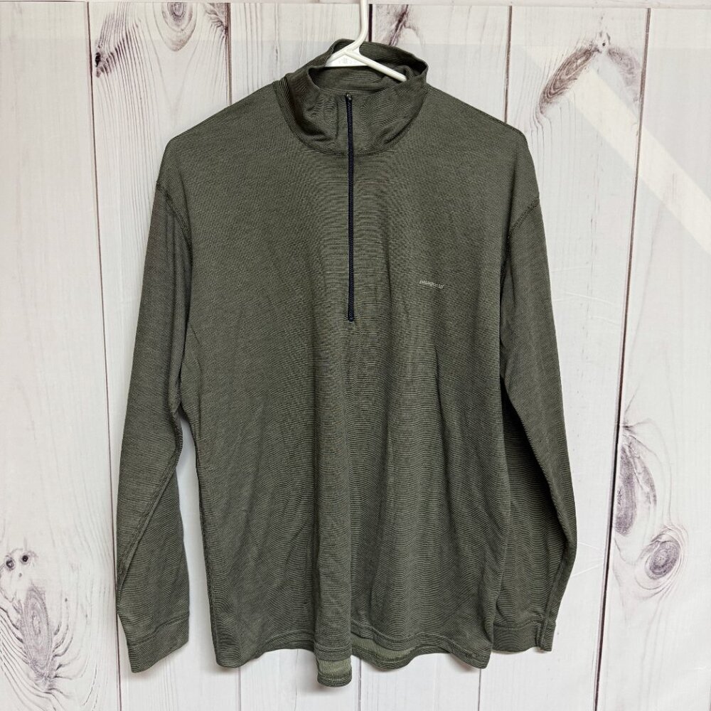 Patagonia Capilene 1/4 Zip Men’s L Olive Green Stripe Base Layer EUC